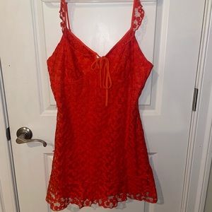 Lulus Red/orange ruffle dress with lace overlay